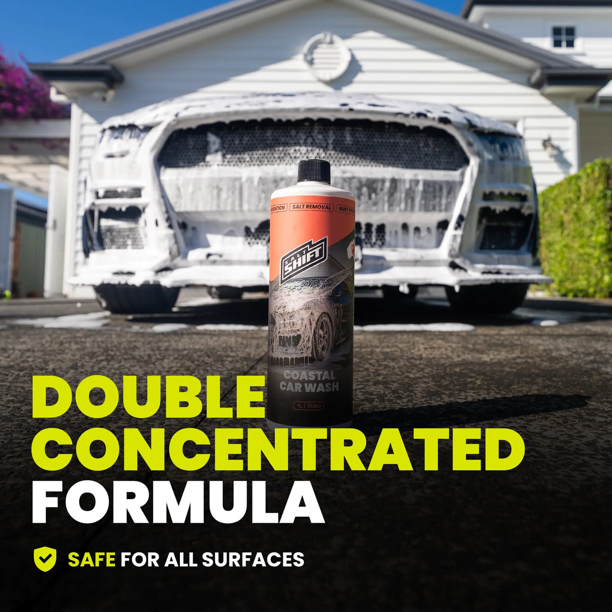Car wash product bottle with text 'Double Concentrated Formula' and 'Safe for all surfaces' in front of a car.