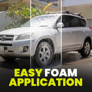 Collage of a car being washed with the text 'Easy Foam Application' displayed.