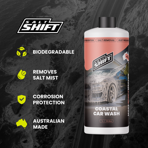Salt Shift Coastal Car Wash bottle with product features on a dark background