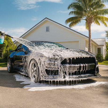 Car being washed with soap suds on a driveway with a house and palm tree in the background.