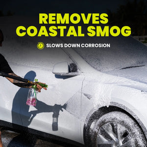 Person cleaning a car with a spray gun, text indicating product benefits.