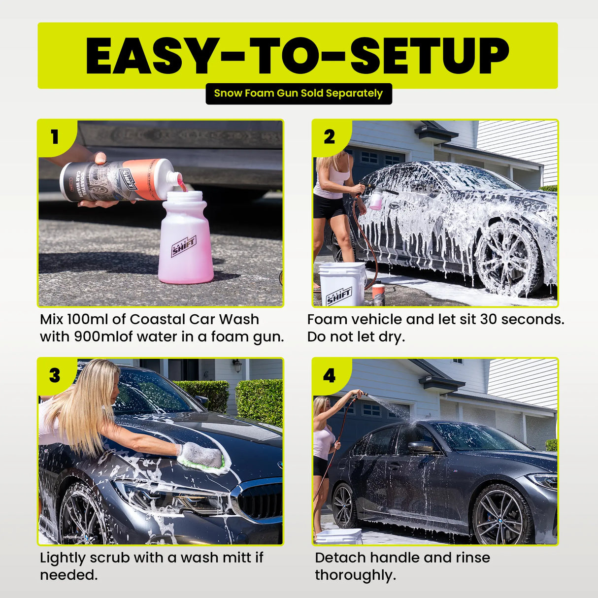 Step-by-step guide on how to use Coastal Car Wash product with a foam gun, shown in four steps.