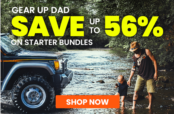 White truck with promotional text about saving up to 56% on starter bundles.