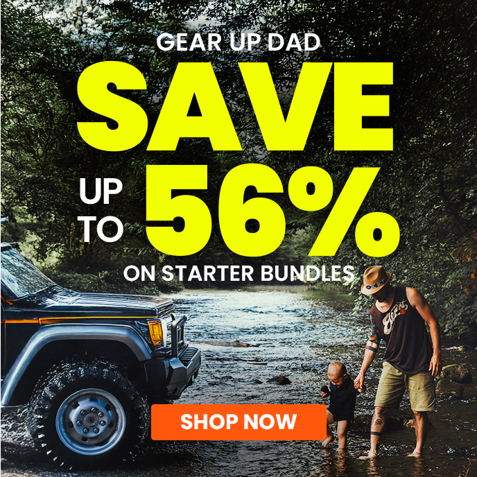 Promotional advertisement with a white SUV on a dirt road, featuring text about saving up to 56% on starter bundles.