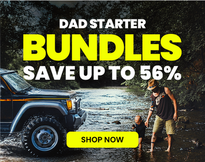 White off-road vehicle on a muddy trail with 'Starter Bundles' text and 'Shop Now' button.