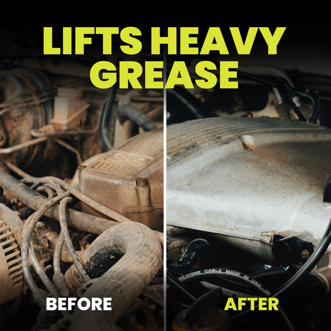 Before and after comparison of a greasy mechanical component with text 'Lifts Heavy Grease'.