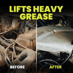 Before and after comparison of a greasy mechanical component with text 'Lifts Heavy Grease'.