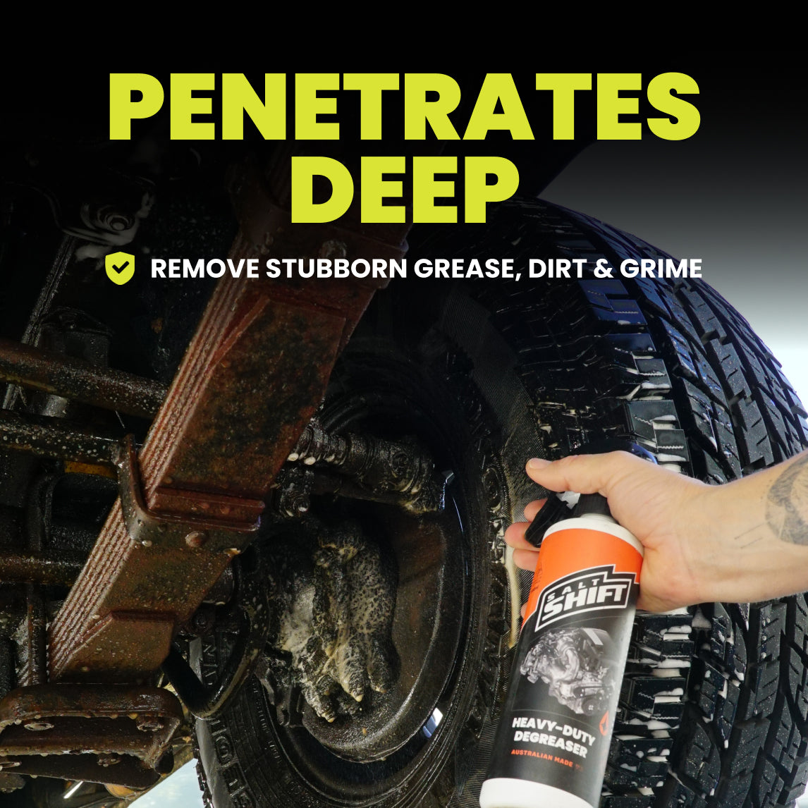 Person using a can of penetrating oil on a rusted vehicle part with text highlighting product features.