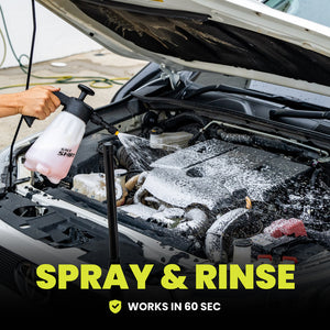 Person using a spray bottle on a car engine with text 'Spray & Rinse' and 'Works in 60 sec'.