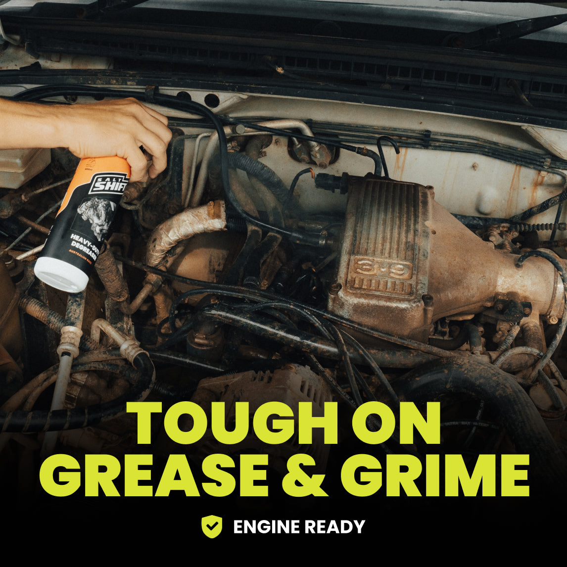 Person using a tool on a car engine with text 'Tough on Grease & Grime' and 'Engine Ready'.