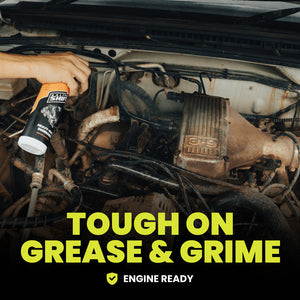 Person using a tool on a car engine with text 'Tough on Grease & Grime' and 'Engine Ready'.