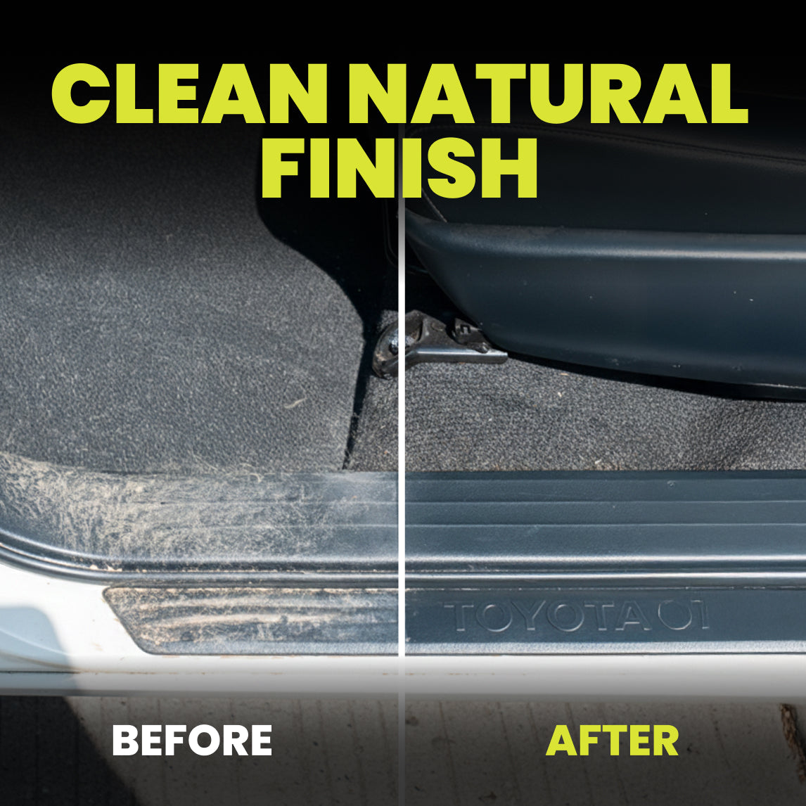 Before and after comparison of a car bumper with 'Clean Natural Finish' text.