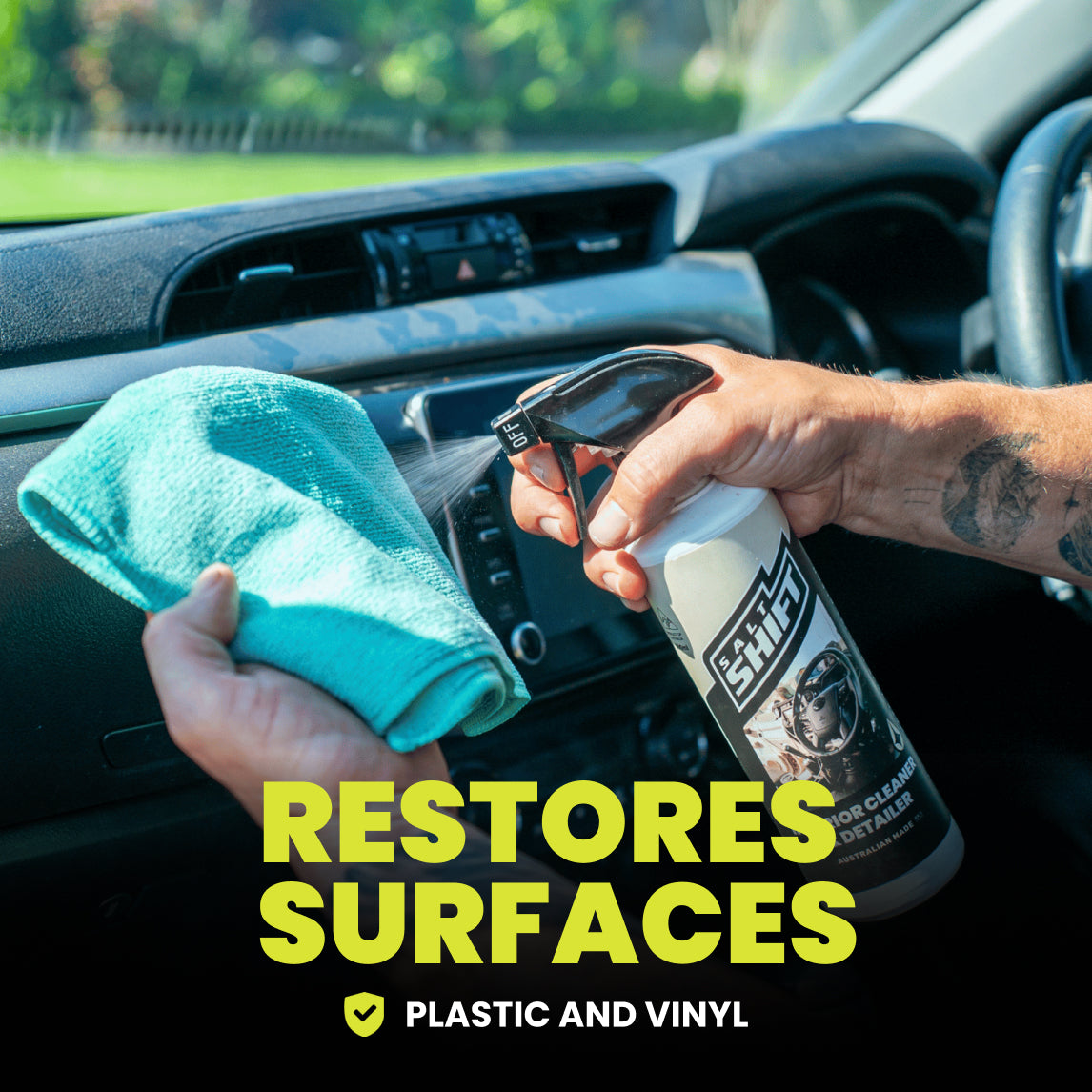 Person cleaning car interior with a spray bottle and cloth, with text 'RESTORES SURFACES' and 'PLASTIC AND VINYL'.