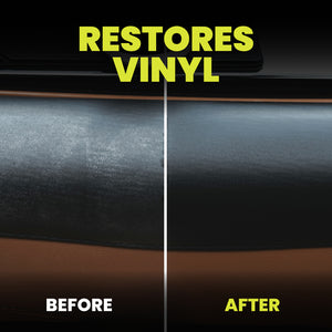 Before and after comparison of vinyl restoration with text 'RESTORES VINYL' above.