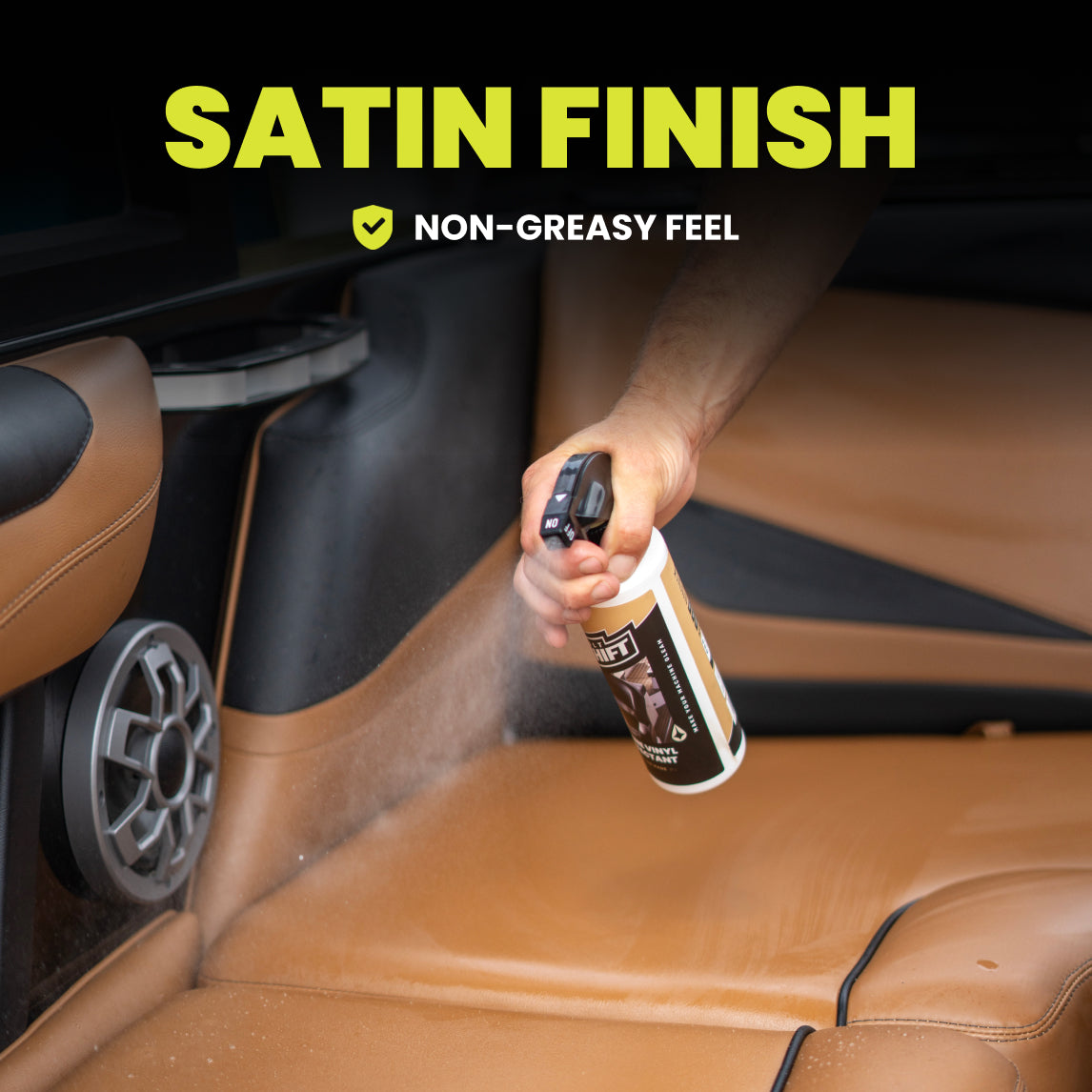 Person using a spray bottle on a boat's brown leather seat with text about satin finish and non-greasy feel.