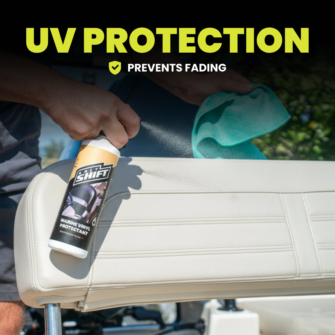 Person applying a marine vinyl protectant spray to boat seats with UV protection text above.