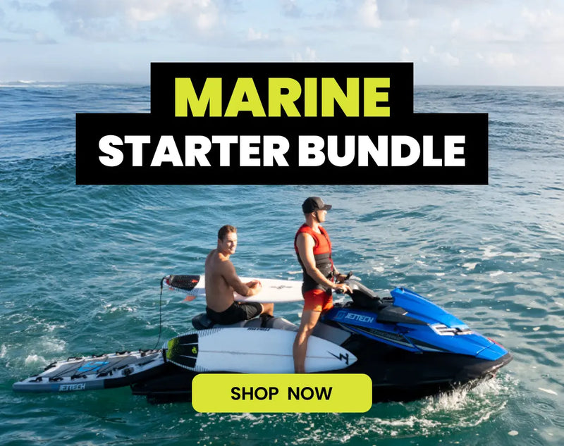Two people on a jet ski in the ocean with 'Marine Starter Bundle' text overlay.