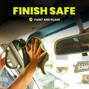 Person cleaning car interior with text 'Finish Safe' on top