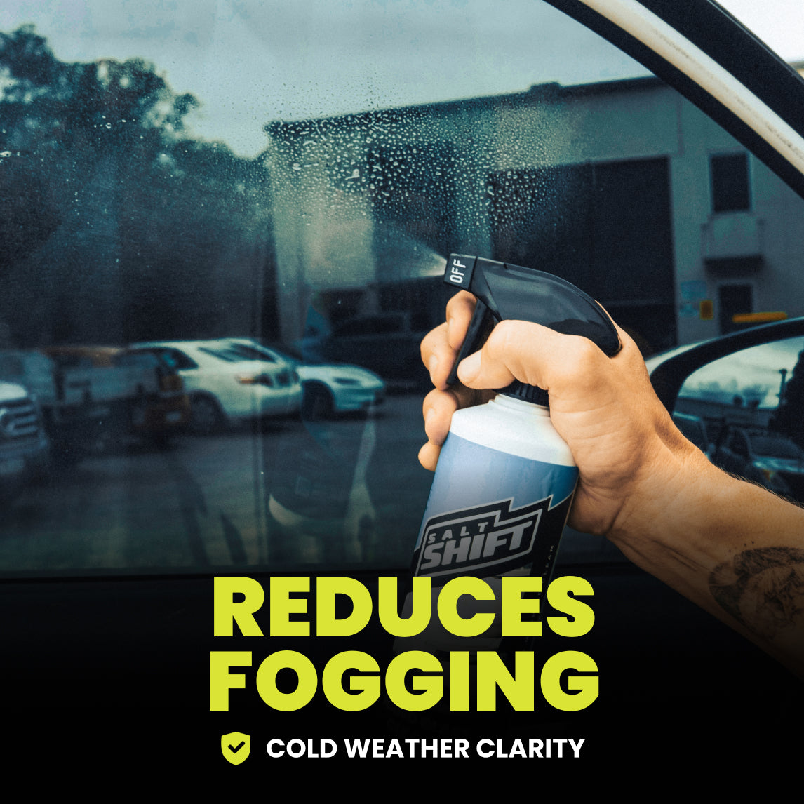 Person using a spray bottle to reduce fogging on a car window with text 'Reduces Fogging' and 'Cold Weather Clarity'.