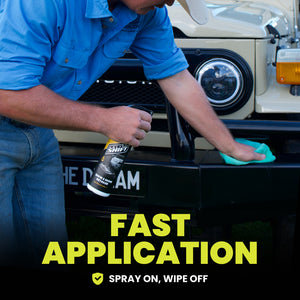 Person applying a product to a vehicle with text about fast application