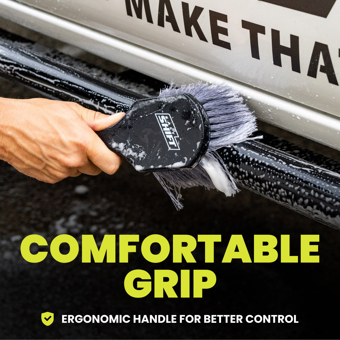 Person cleaning a car with a brush, emphasizing 'Comfortable Grip' and 'Ergonomic Handle'.