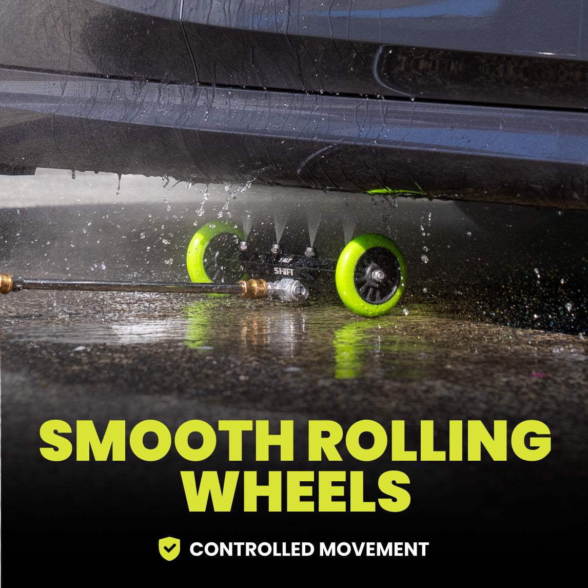 Close-up of smooth rolling wheels with water splashes on a wet surface, featuring text 'Smooth Rolling Wheels' and 'Controlled Movement'.