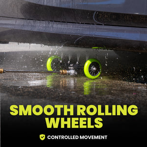 Close-up of smooth rolling wheels with water splashes on a wet surface, featuring text 'Smooth Rolling Wheels' and 'Controlled Movement'.