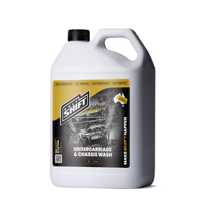 White bottle of undercarriage and chassis wash with a black and yellow label on a white background