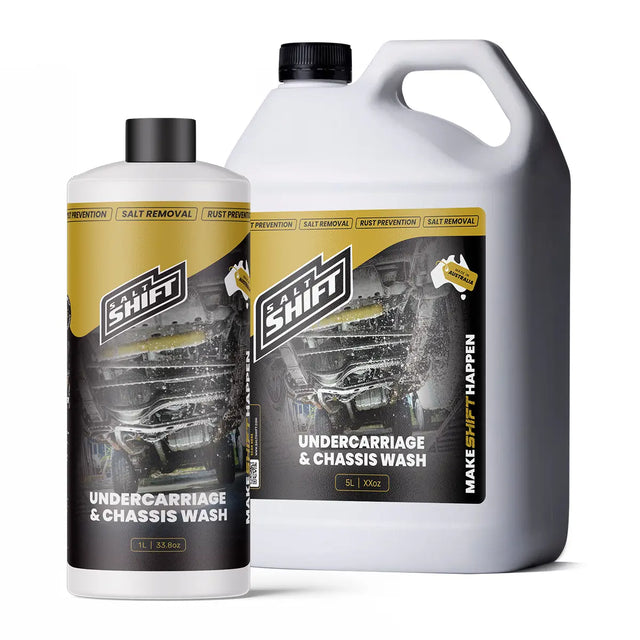Two bottles of 'Shift' undercarriage and chassis wash on a white background