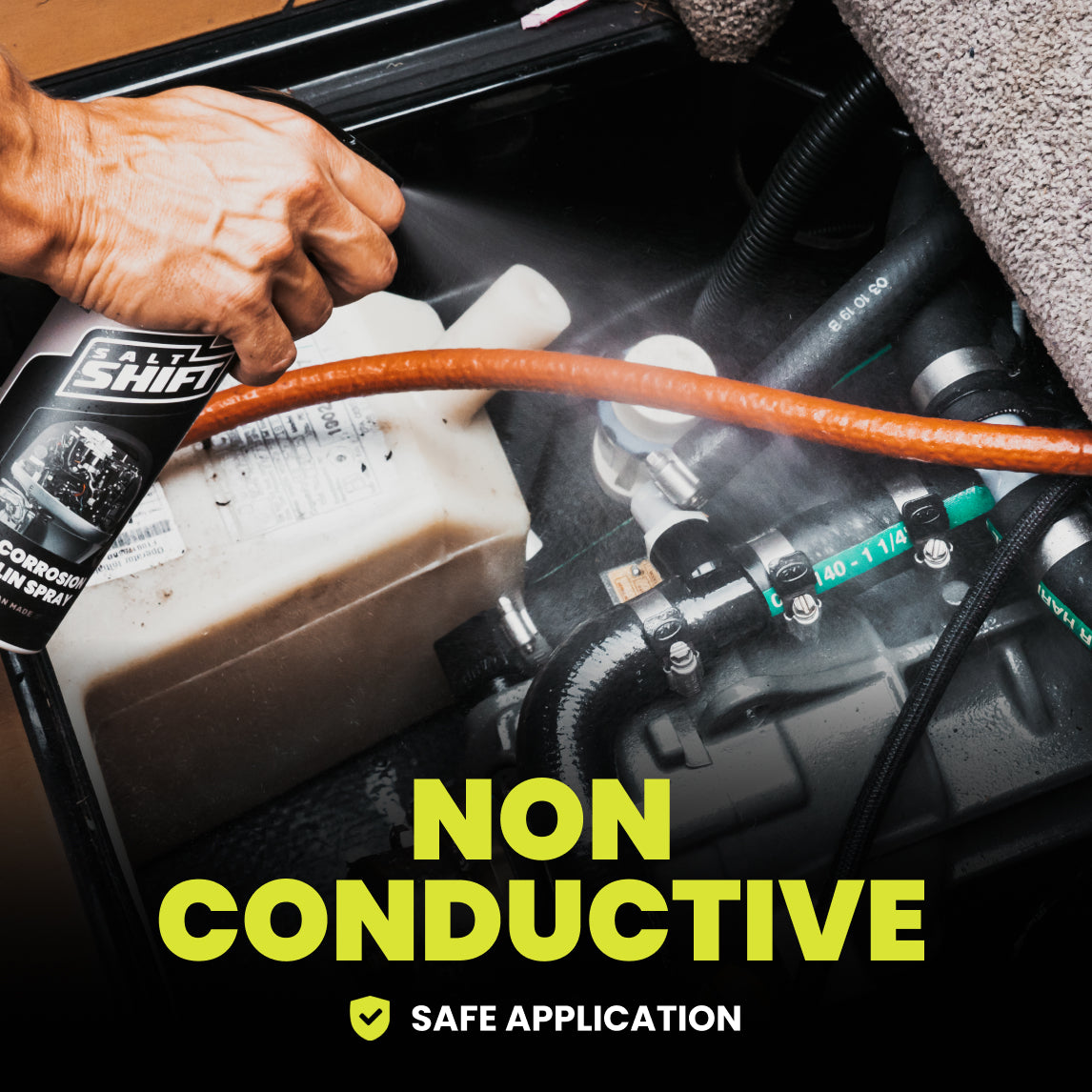 Person applying a non-conductive product to jet ski engine components with text indicating safe application.