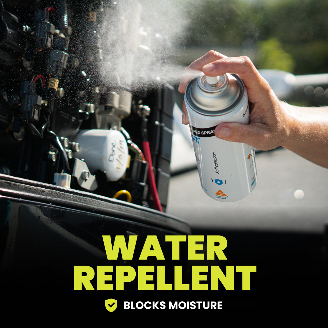 Hand spraying water repellent on jet ski parts with text 'Water Repellent Blocks Moisture'.