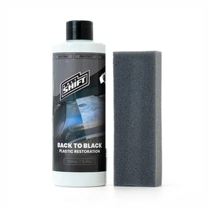 Bottle of 'Back to Black' plastic restoration product with a black sponge on a white background
