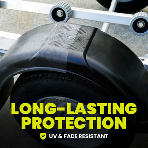 Close-up of a protective cover on a wheel with text 'Long-Lasting Protection' and 'UV & Fade Resistant'.