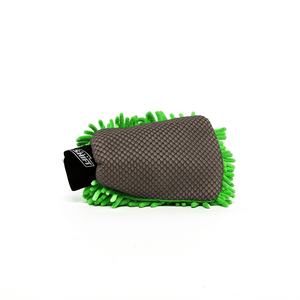 The Salt Shift 2-in-1 Wash Mitt displayed against a white background. One side has a grey textured surface, while the other features green microfiber strands.