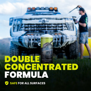 Bottle of car wash product with a truck in the background and text about double concentrated formula.