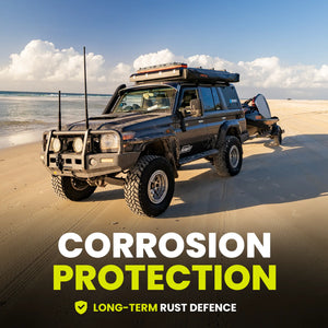 Off-road vehicle on a beach with 'Corrosion Protection' text overlay
