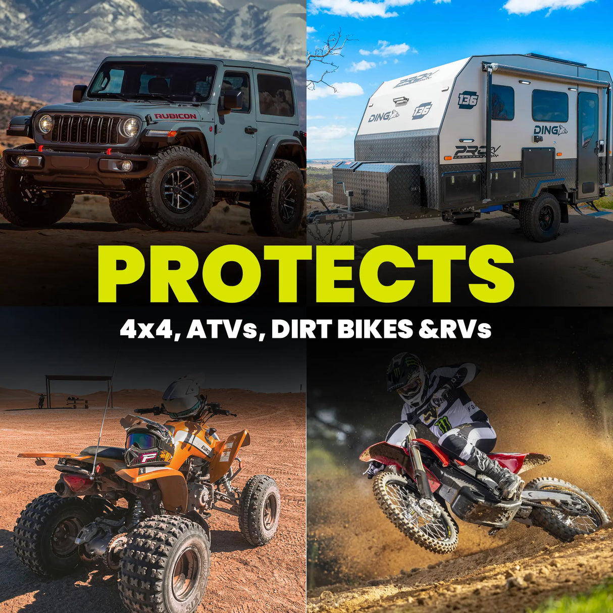 Collage of vehicles including a Jeep, trailer, ATV, and dirt bike with text 'PROTECTS 4x4, ATVs, DIRT BIKES & RVs' on a scenic background.