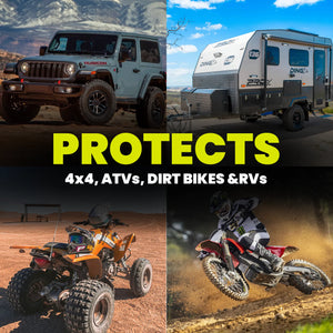 Collage of vehicles including a Jeep, trailer, ATV, and dirt bike with text 'PROTECTS 4x4, ATVs, DIRT BIKES & RVs' on a scenic background.