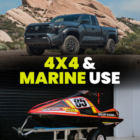 Gray Toyota truck and red and black jet ski with '4x4 & Marine Use' text in a desert setting.
