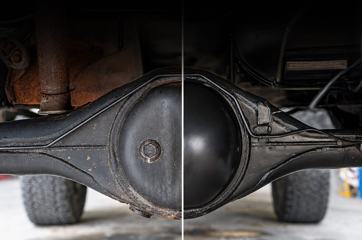 A split-screen comparison showing a black metal differential cover on a vehicle, labeled 'BEFORE' on the left and 'AFTER' on the right, with the after view appearing cleaner and darker.