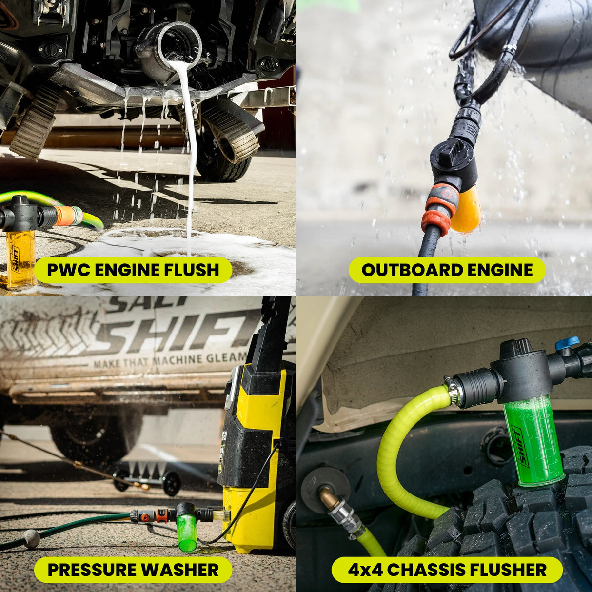 Collage of different cleaning tools and processes for PWC, outboard, pressure washer, and 4x4 chassis flushing.
