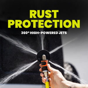 Hand holding a high-powered jet with 'Rust Protection' text on a dark background
