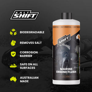 Salt Shift marine engine flush bottle with features on a dark background