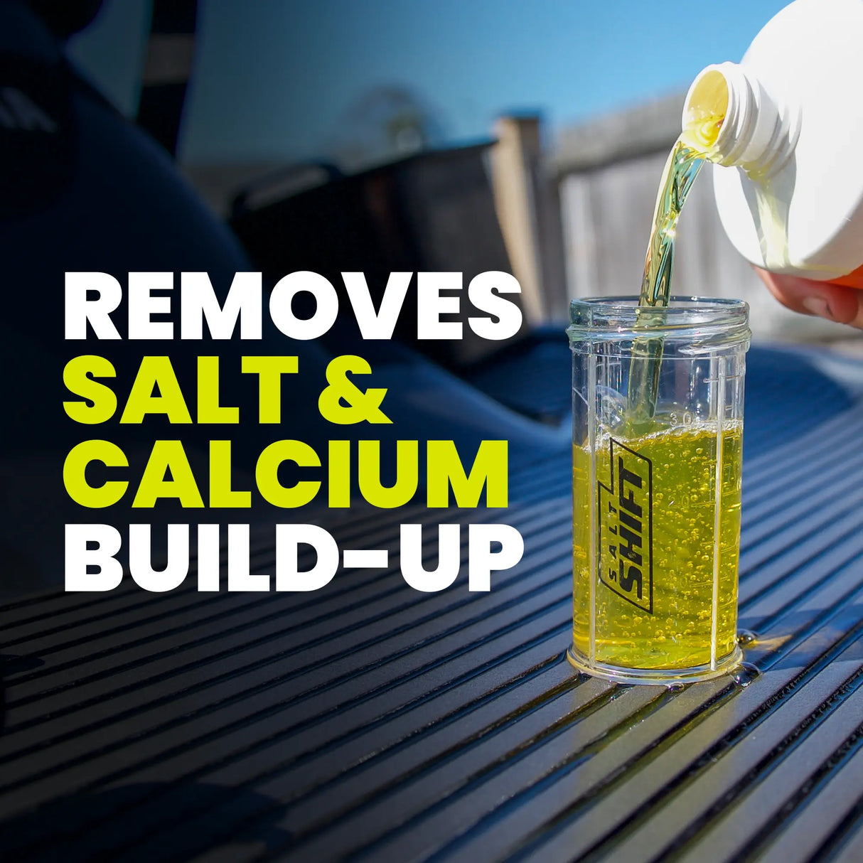 Product being poured into a container with text highlighting salt and calcium removal.