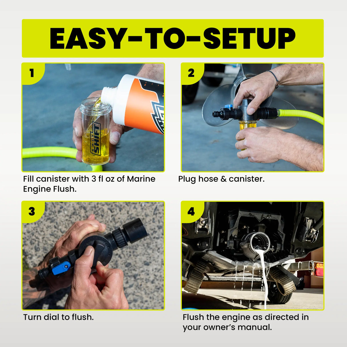 Step-by-step guide on how to use marine engine flush with images and text.