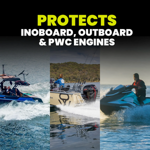 Collage of people on boats and a jet ski with text 'PROTECTS INOBOARD, OUTBOARD & PWC ENGINES' on a black background.