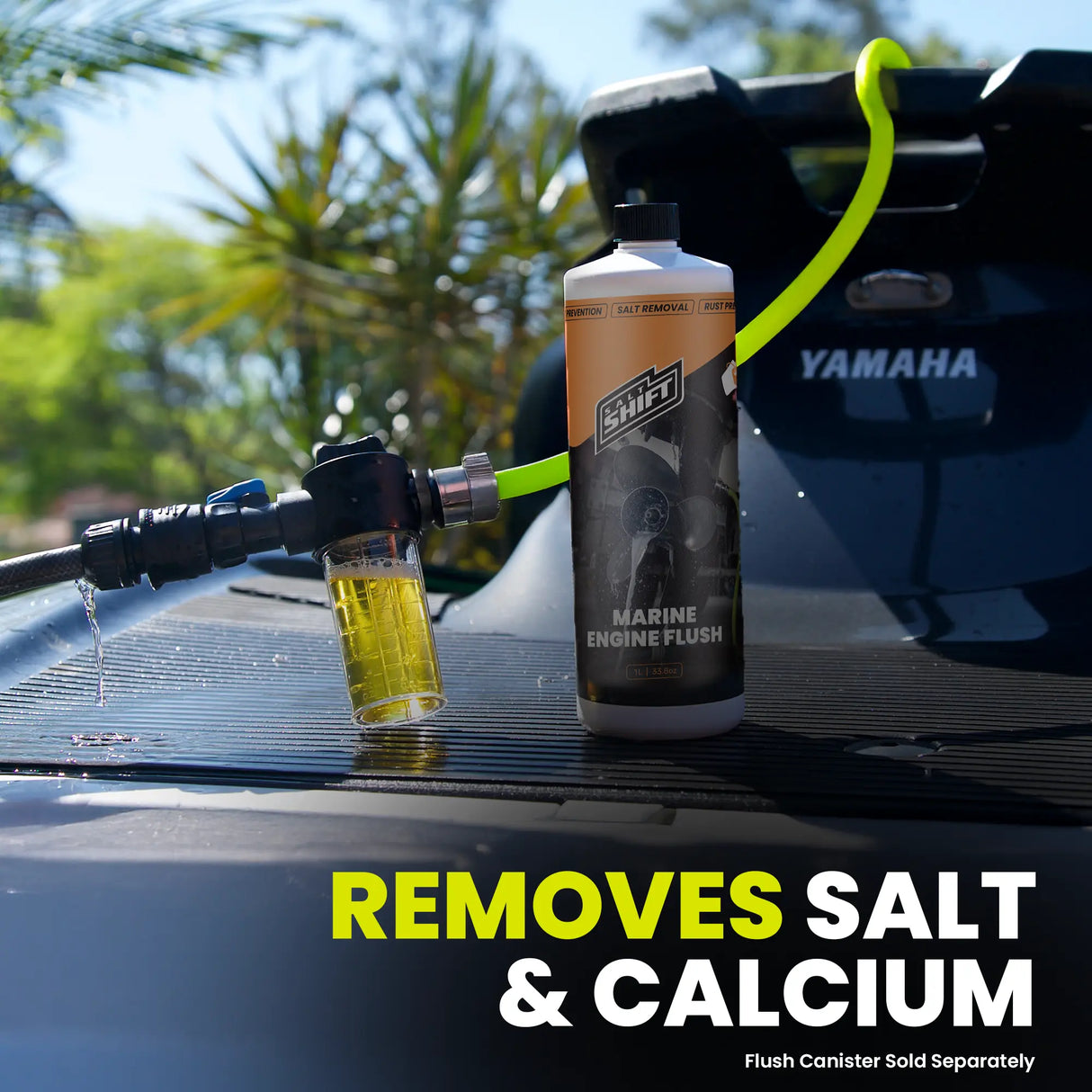 Marine engine flush canister on a Yamaha boat with text 'Removes Salt & Calcium'.