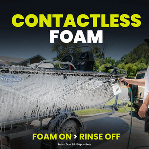 Person washing a vehicle with contactless foam system, text 'Contactless Foam' and 'Foam On > Rinse Off' displayed.