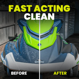Comparison of a jet ski before and after cleaning with text 'Fast Acting Clean'.
