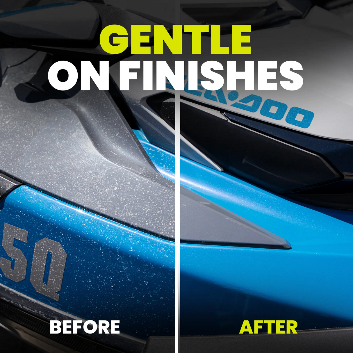 Before and after comparison of a car's finish with 'Gentle on Finishes' text.